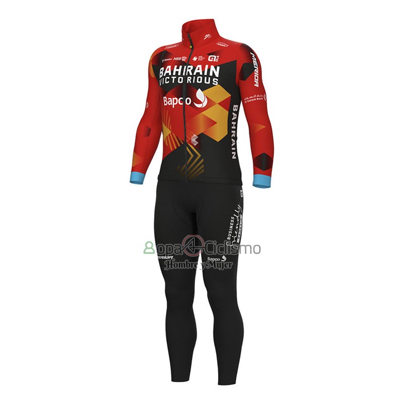 Bahrain Victorious Ropa Ciclismo Culotte Largo 2023 Mangas Largas Rojo Negro